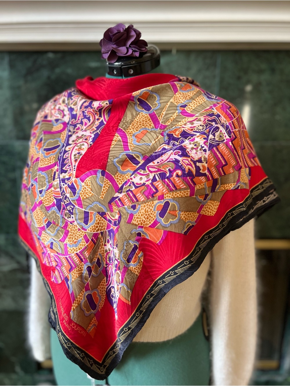 Vintage Charles Jourdan Silk Jacquard Scarf Bold Elegant Abstract Luxury Wrap